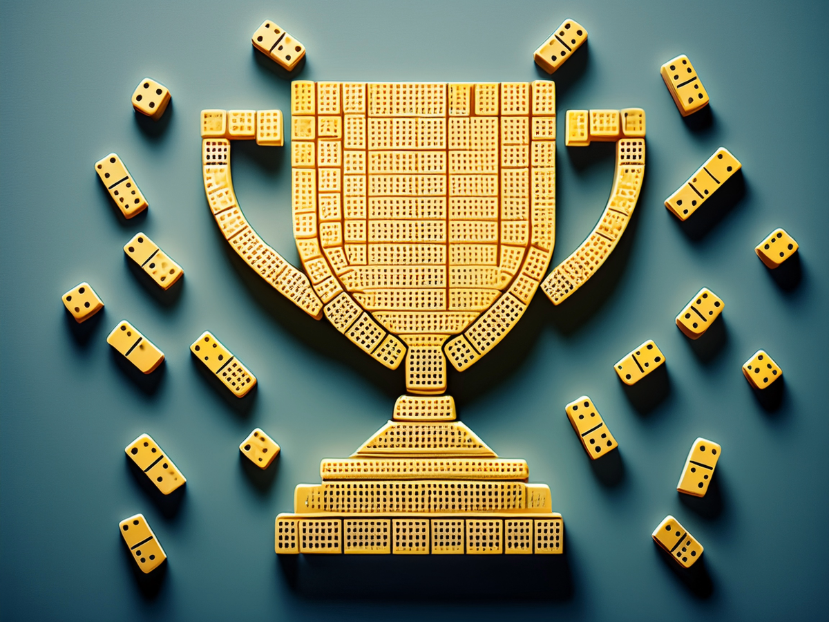 Dominos arranged on a floor in the 2D shape of an award trophy