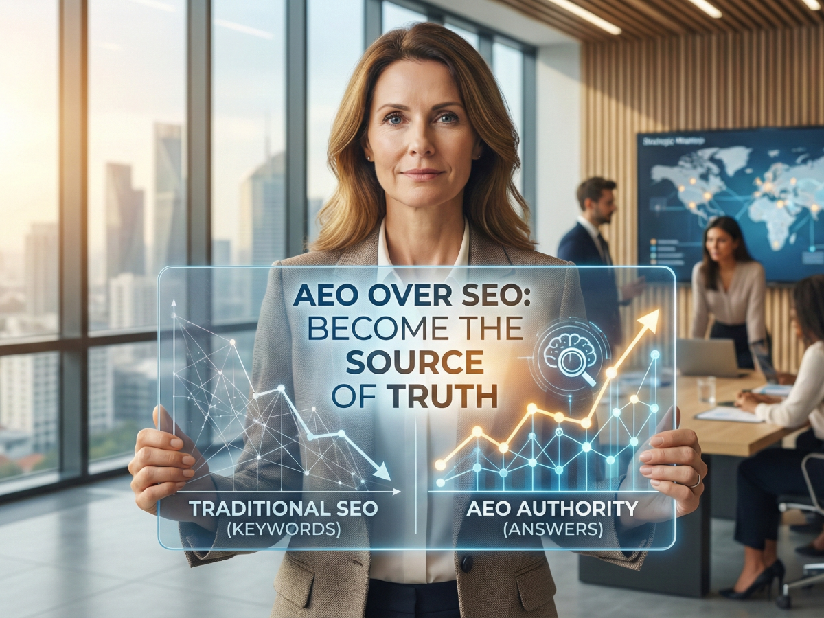 B2B marketing professional holding a holographic image representing AEO over SEO