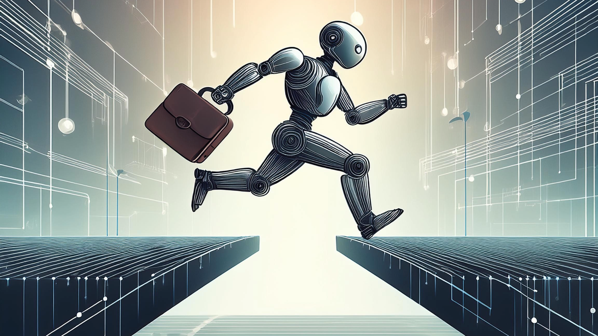 Robot agent carrying a briefcase leaps over digital bridge