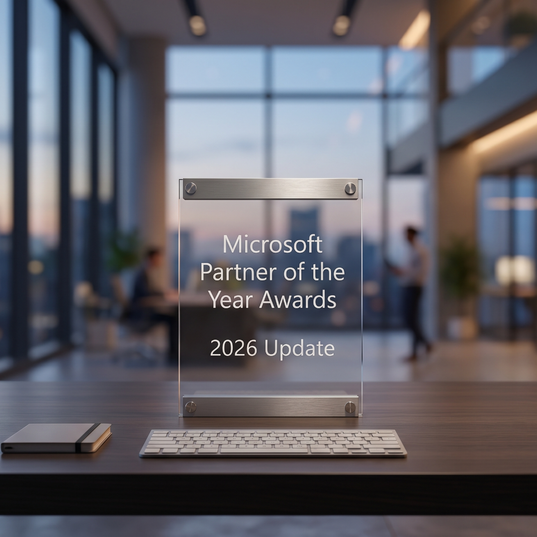 Microsoft Partner of the Year Award 2026 glass trophy on a modern desk
