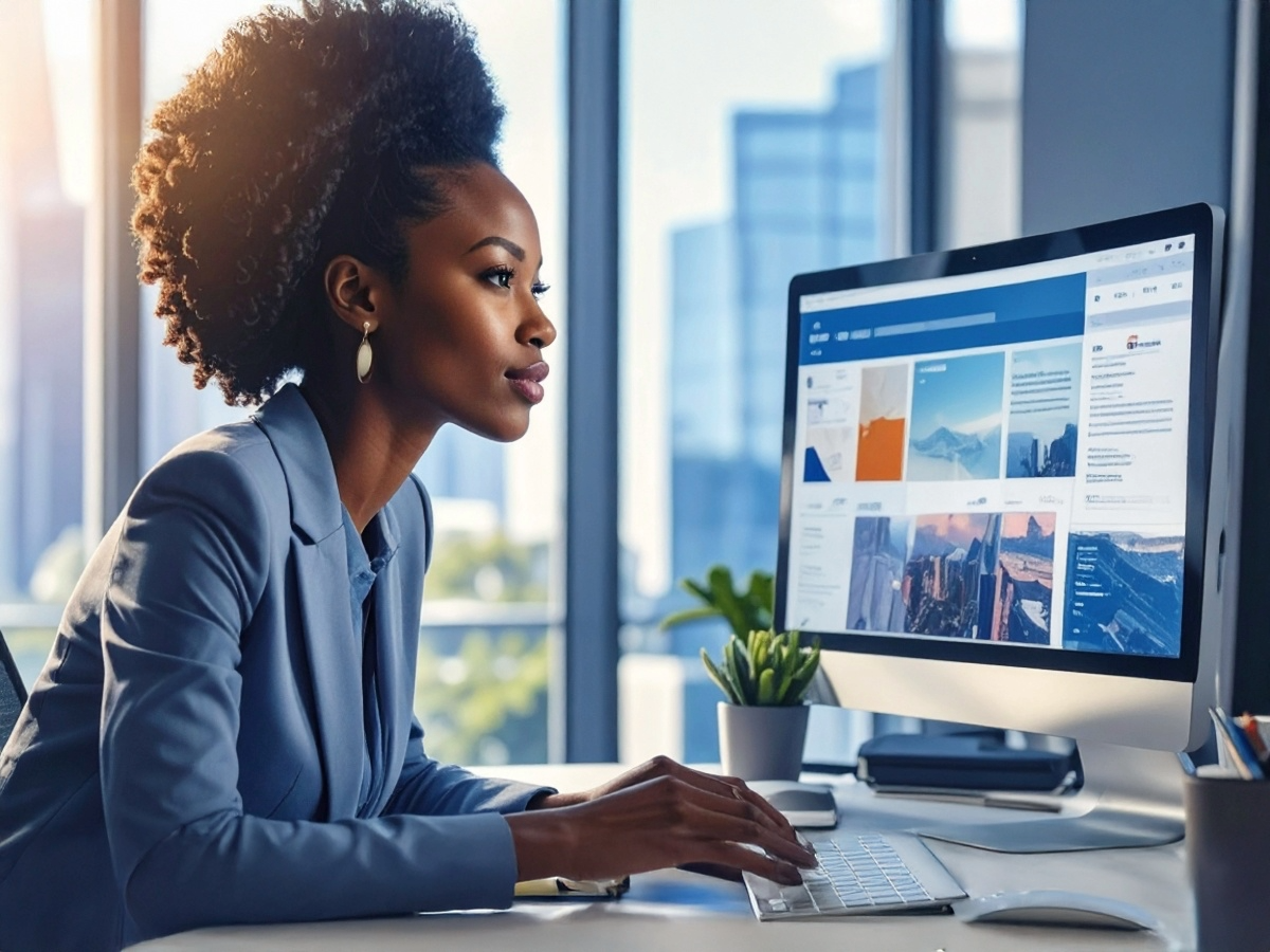 Modern business professional looking at her computer screen with GenAI results