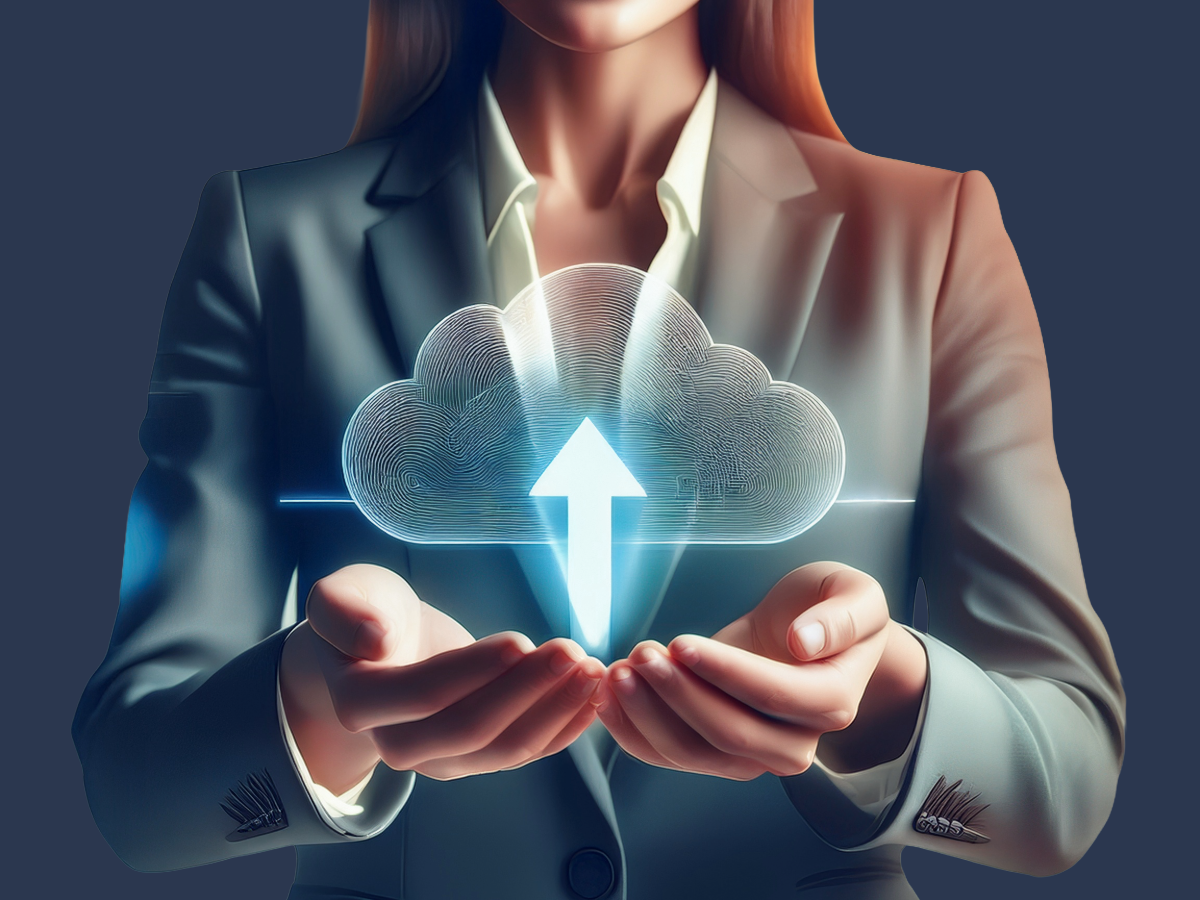 Hands of a modern business professional cupped to hold a digital, stylized cloud