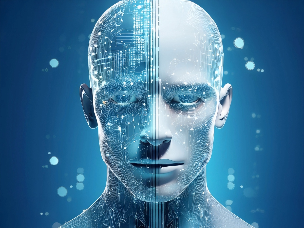 Stylized humanoid robot face made up of data streams