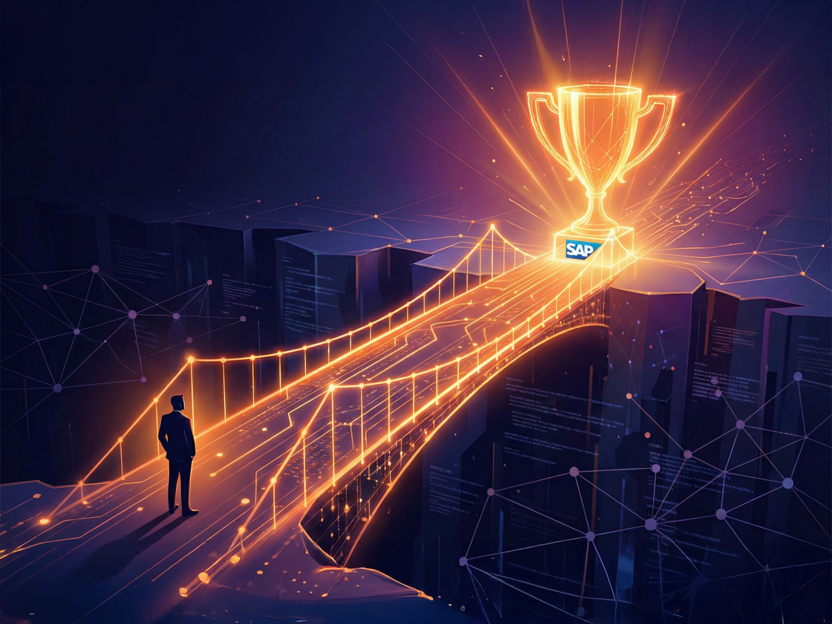 Silhouette of a man standing at one end of a glowing bridge with a SAP symbol on the other side