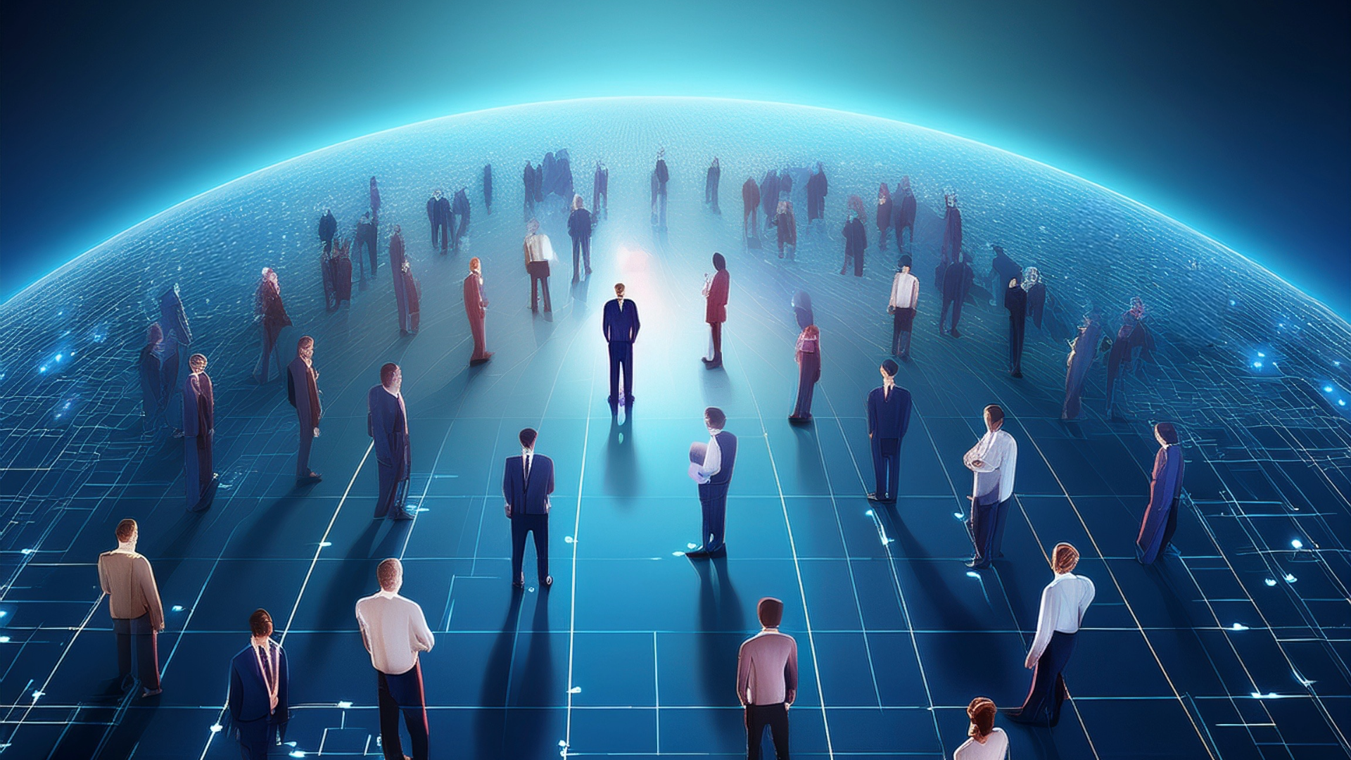 Modern business professionals standing on a digital globe