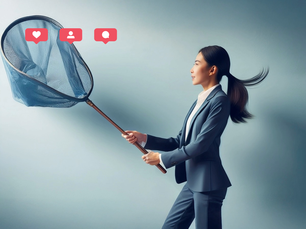 A business professional using a large net to catch subscriber likes and comments