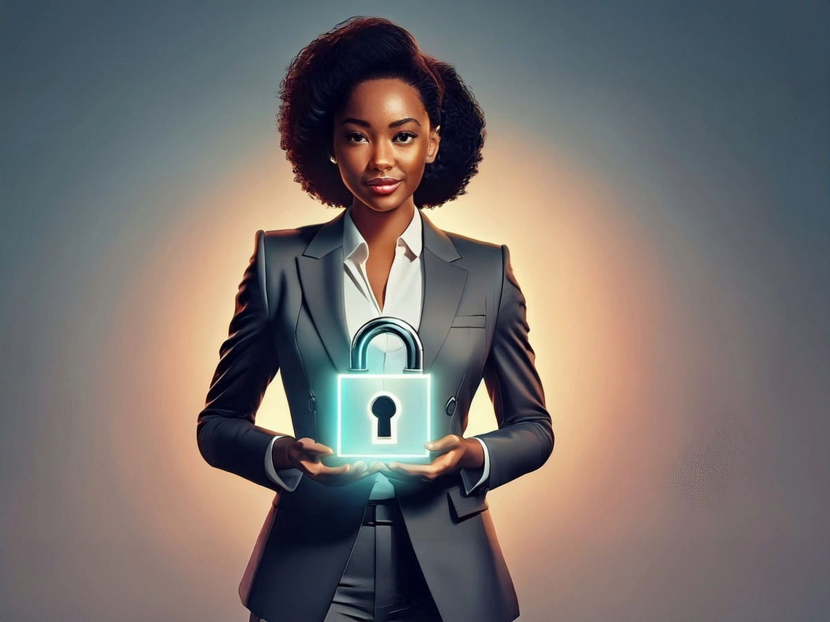 Modern business professional holding a glowing cybersecurity icon in her hands