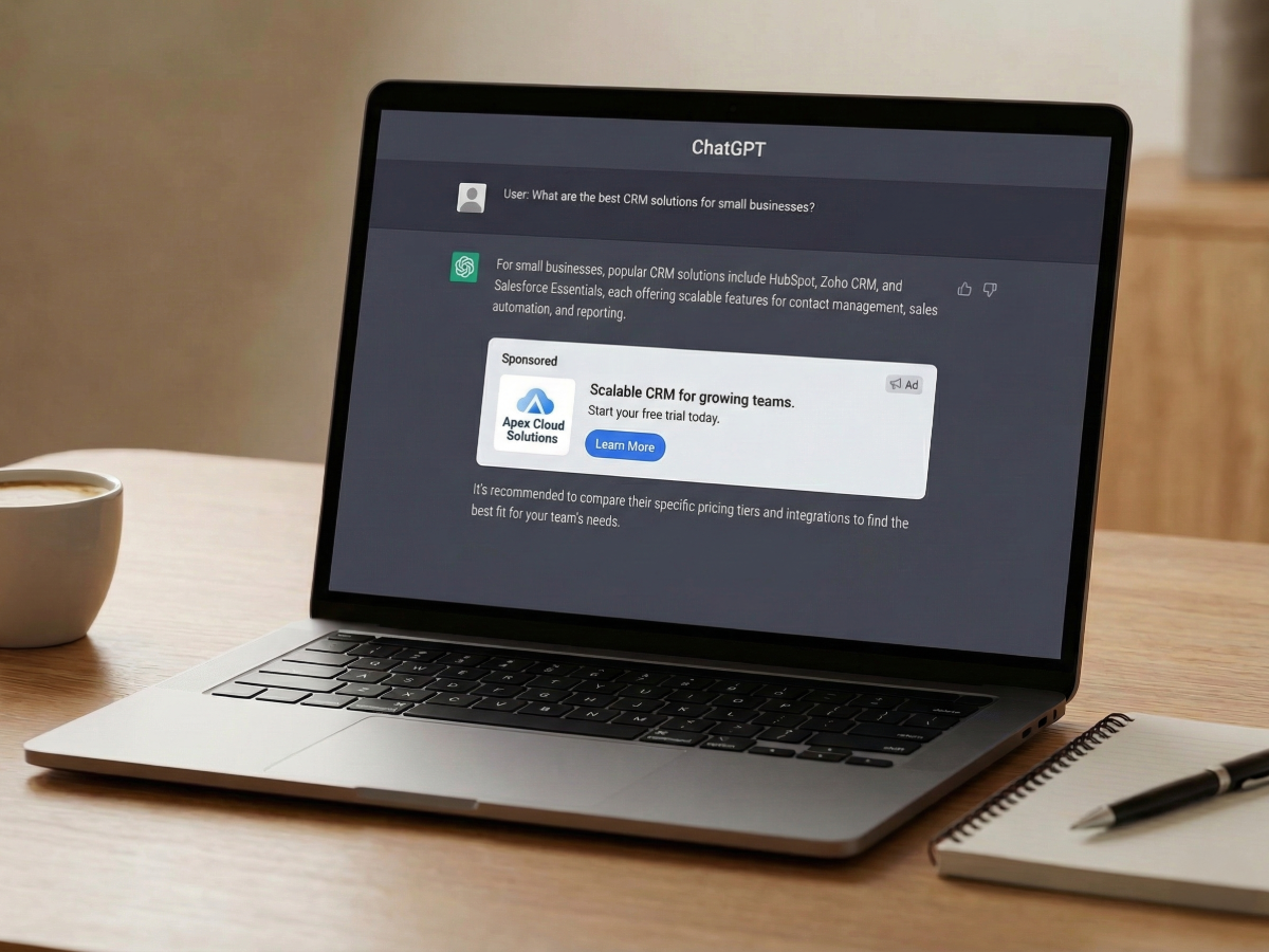 Laptop with the ChatGPT interface featuring a user question and an ad