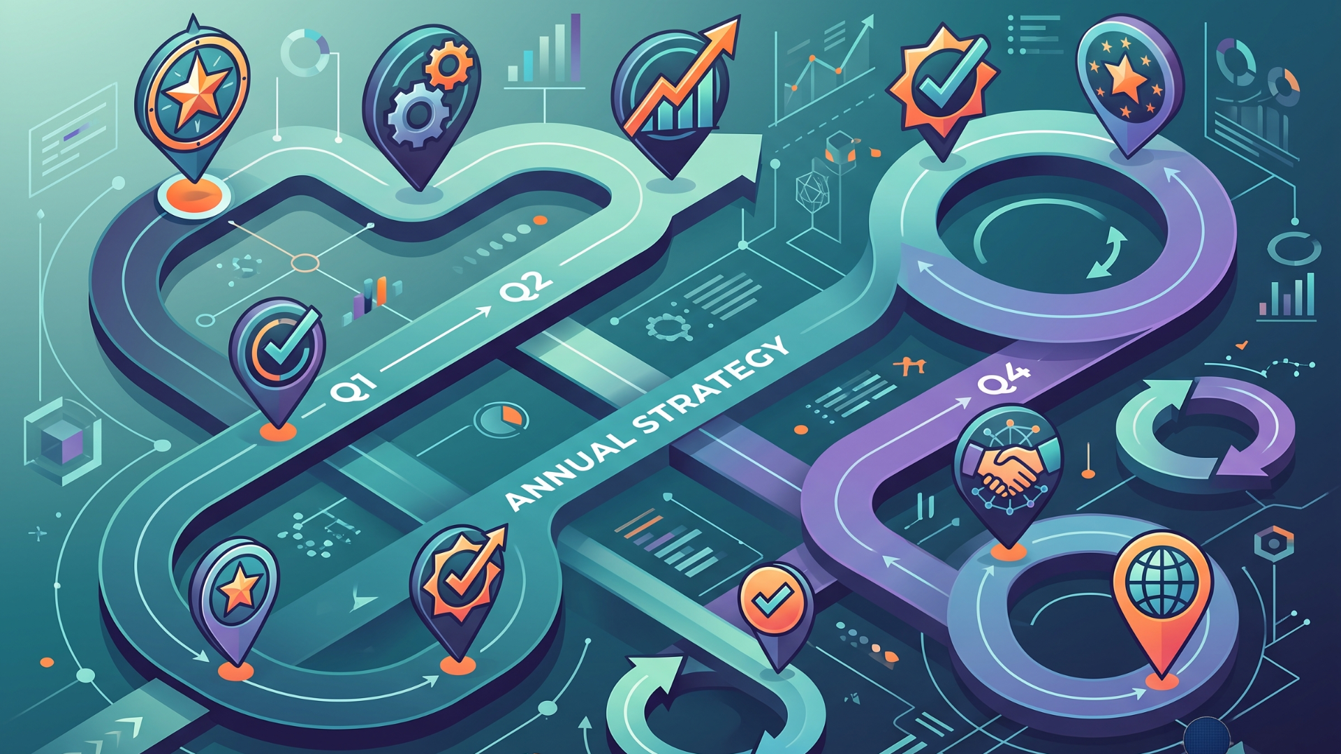 A portrayal of a year-long roadmap with icons of business growth and wins